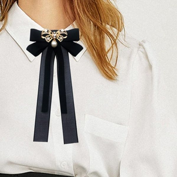 

neck ties student pre bow tie brooch with pearl rhinestone ribbon bowknot shirt collar pin, Blue;purple