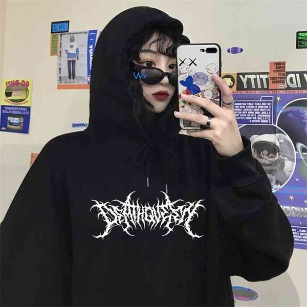 

gothic casual punk plus size vintage winter female letter harajuku ins loose long sleeve hip hop pocket hooded fun sweatshirt 210816, Black