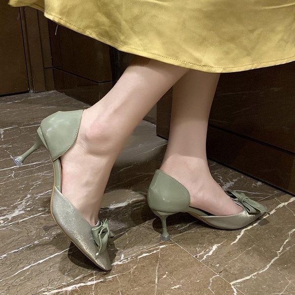 

dress shoes fashion sweet single women's autumn 2021 trend bow pointed stiletto heels, Black