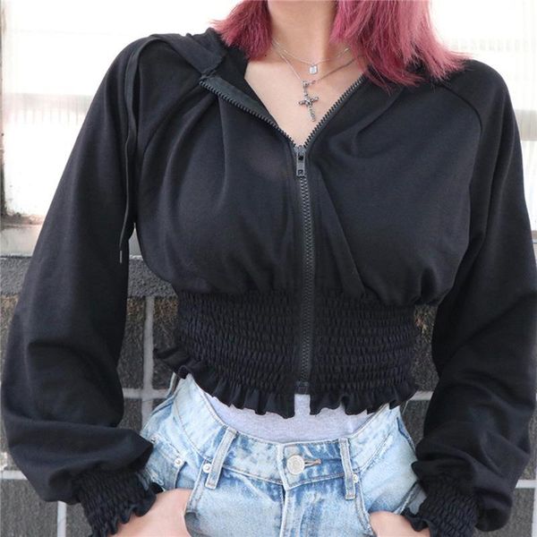 

women's jackets zipper hoodies fashion ruffles female casual outwear streetwear short drawstring coat full lantern sleeves crop, Black;brown