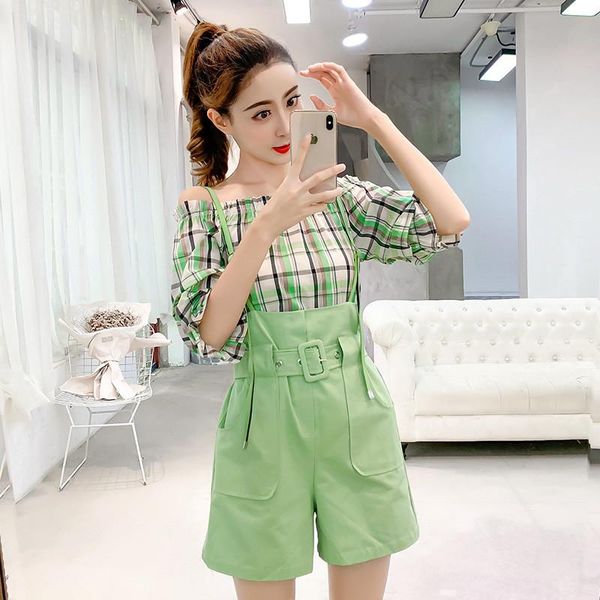 

women's tracksuits fashion slash neck blouse and overalls women suits solid plaid sweet girls shorts two piece set, Gray