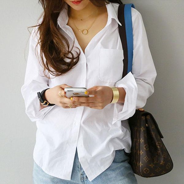 

women's blouses & shirts blusas women and 2021 loose one pocket solid long sleeve blouse casual office lady white 3496
