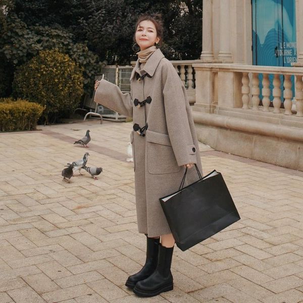 

women's wool & blends herringbone cattle horn button woolen coat middle long autumn winter 2021 thickened college tweed fashion, Black