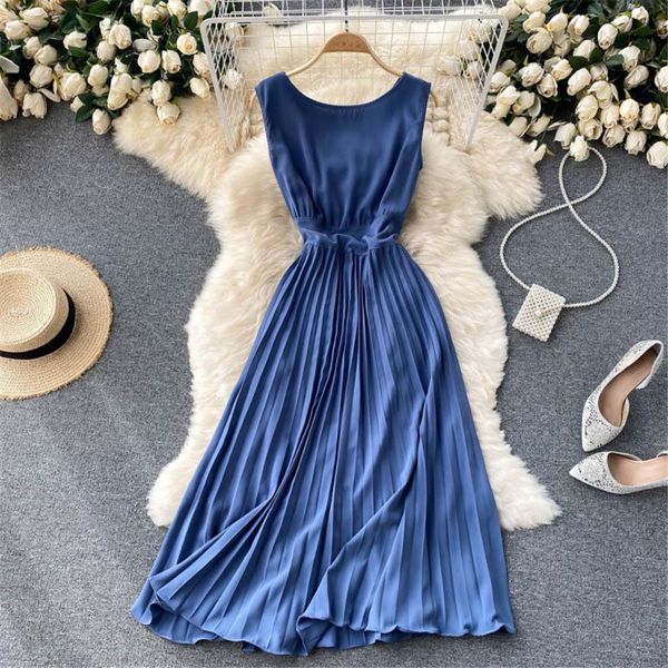 

casual dresses sleeveless summer women's dress 2021 fashion pleated midi blue robe sundress vestidos female clothing coisini, Black;gray