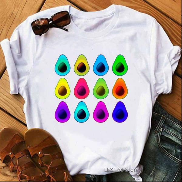 

rainbow design avocado printed women summer tshirt funny cute fruit printing graphic tees female short sleeve white t shirt