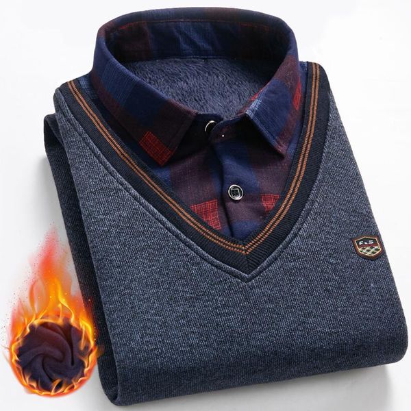 

men's sweaters fashion grid solid thicken warm sweater male plus velvet sweater2021 autumn winter man fleece shirt-collar, White;black