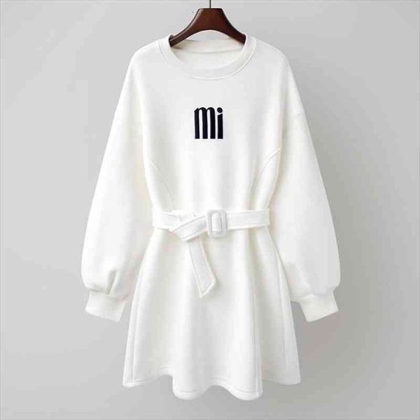 

autumn winter clothes women korean fashion o-neck hoodies dress with belt fleece long womens sweatshirt collect waist, Black