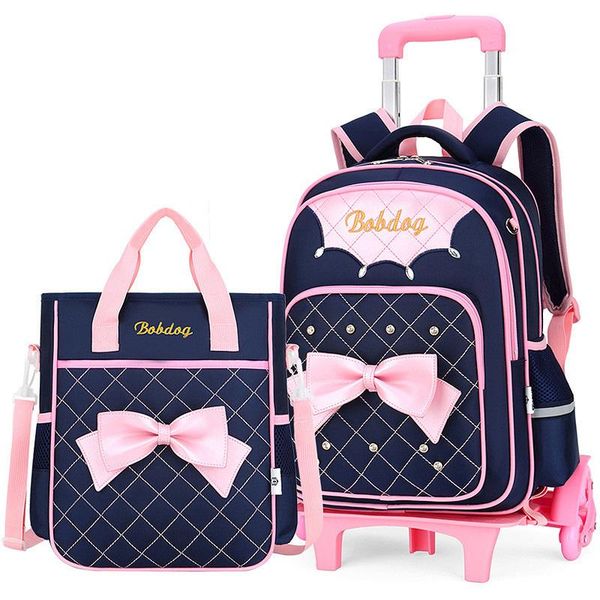 

school bags 2pcs princess style bowknot primary rolling backpack wheeled trolley elementary bookbag on six wheels mochilas schoolbag