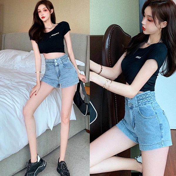 

women's jeans 2021 high waist slimming short denim all-match shorts spring and summer straight loose women, Blue