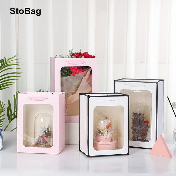 

gift wrap stobag 6pcs/lot flower packing thicken handle bag wedding birthday specially handbag with transparent window