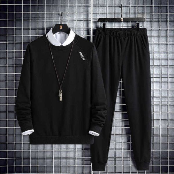 

sweater spring neck autumn sportswear 2021 new round trend korean version slim men's casual two piece set, Gray