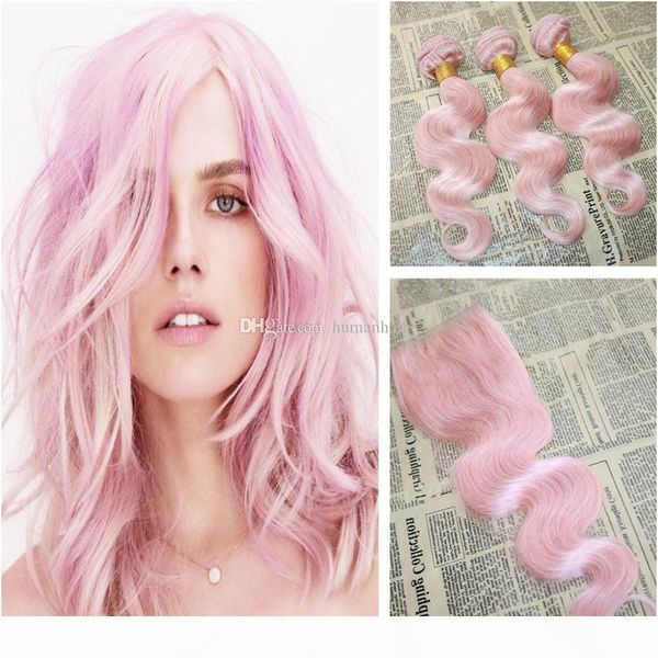

pink lace closure with bundles body wave rose pink human brazilian virgin hair 3 bundles with lace closure 4pcs lot ing, Black;brown