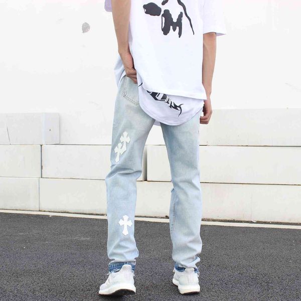 

brand crosin cross ch street quality cro chomehearts high jeans vibe style men's and women's water wash hole micro la l, Blue