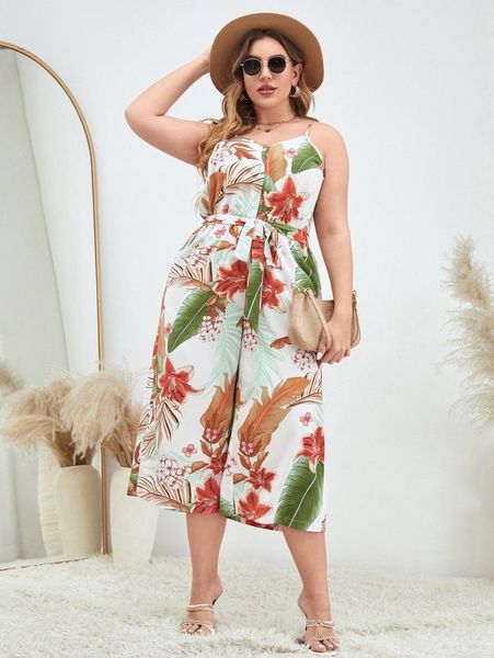 

plus floral print belted wide leg cami jumpsuit 39si#, Black