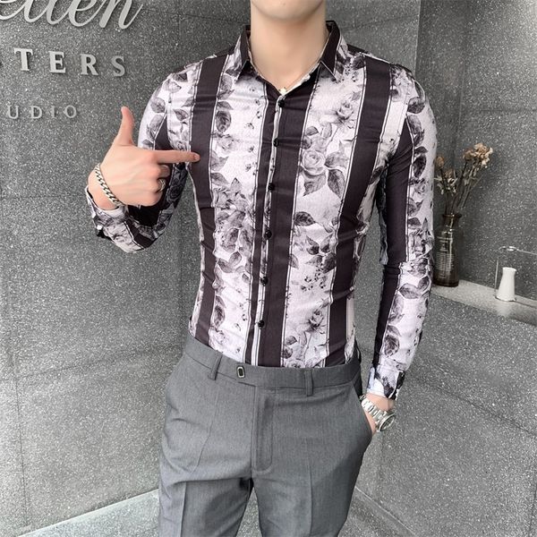 

mode men 2021 casual floral autumn new long sleeve striped shirts for men's clothing fine adjustment digital blouse 7yoc, Black;brown