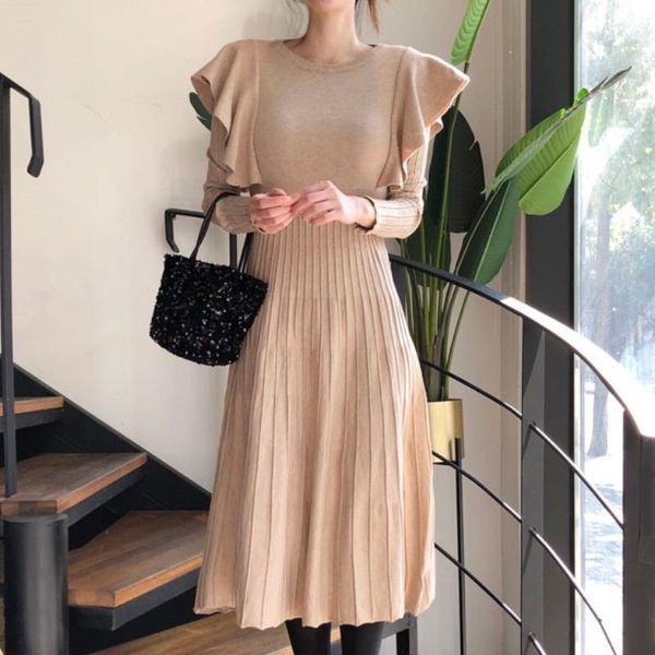 

korean chic office lady elegant knitted dress women o neck long sleeve ruffles female dresses 2021 slim a-line vestidos casual, Black;gray