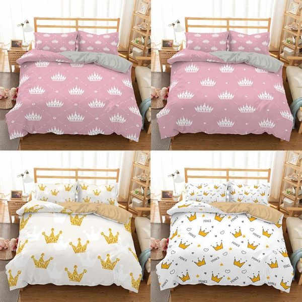 

bedding sets cute crown pattern 2/3pc 3d set printing cartoon kids luxury duvet cover king  single size home textiles bedclothes