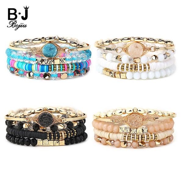 

charm bracelets 5 pcs/set fashion women's & bangles faceted crystal round polymer clay natural druzy stone beads bracelet bcset328, Golden;silver