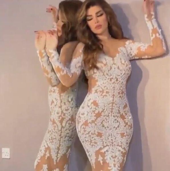 Abito da sera donna stoffa Yousef aljasmi Sirena Manica lunga Appliques in pizzo Sweetheart Bianco Kim kardashian Kylie jenner