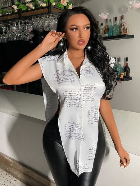 

slogan graphic split side asymmetrical hem blouse e0gt#, White
