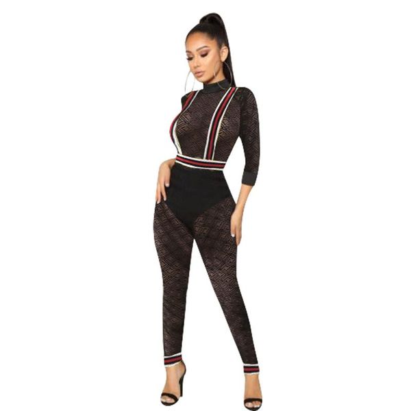 

women's jumpsuits & rompers 2021 winter long sleeve geometric skinny bodycon bandage leggings night club party jumpsuit romper playsuit, Black;white