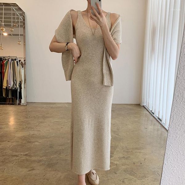 

casual dresses v-neck sleeveless knitted dress women autumn solid sweater with shawl maxi bodycon long female, Black;gray