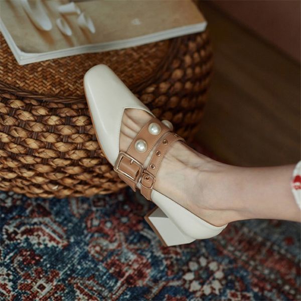 

sandals female pumps spring toe square foot genuine pearl buckle heel belt heavy apricot/creamy-white all-match mary jane shoes pg9h, Black