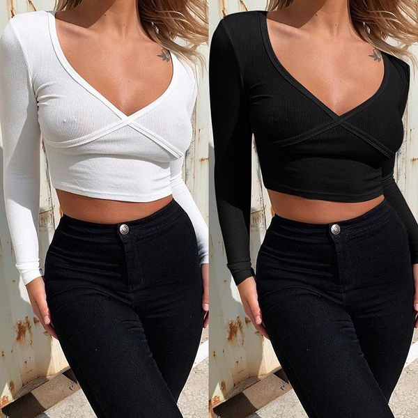 

women's t-shirt 2021 summer style v-neck tight slim knit long-sleeved women, White