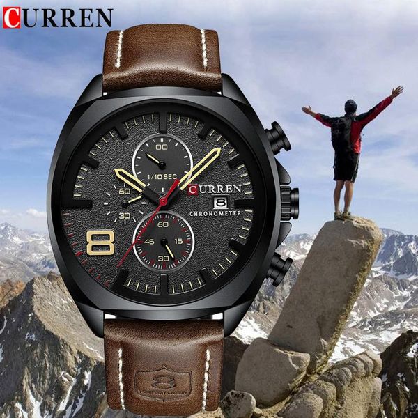 

wristwatches curren fashion men quartz wrist watch analog leather multifunction waterproof sport chronograph date man military clock, Slivery;brown