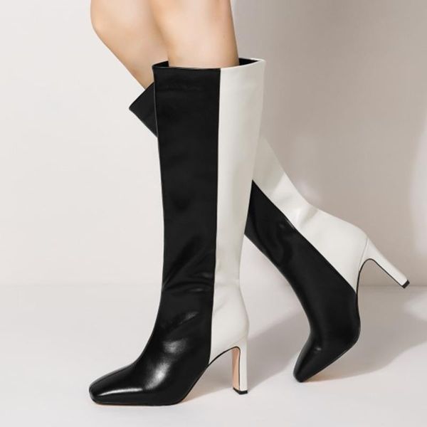 

boots ladies chunky heel slip on square toe fashion winter shoes knee high plus size 43, Black