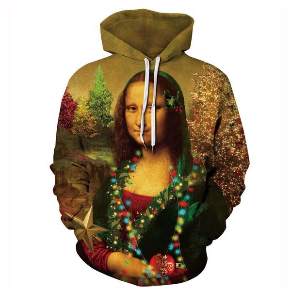 

christmas mona lisa pattern men's 3d printed hoodie visual impact party punk gothic round neck hooded sweater, Black