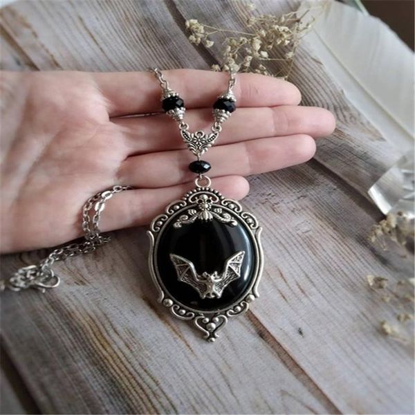 

chains gothic vampire bat sweater necklace silver plated framed cameo halloween witch crystal gift for lover