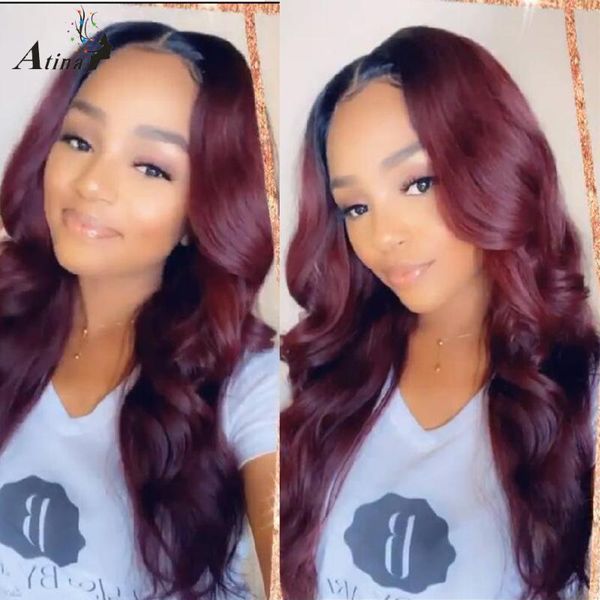 

lace wigs ombre 99j wavy wig colored red deep part glueless pre plucked hd transparent burgundy human hair for black women, Black;brown