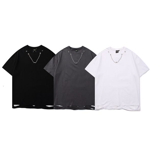 

fashion t shirt high street wash hole short sleeve men's and women's solid necklace decoration trendy hip hop style casual loose, White;black