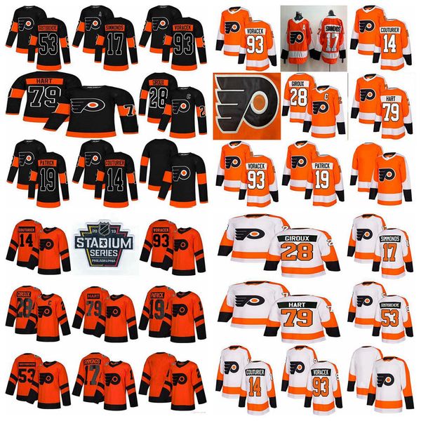 

philadelphia flyers jersey 28 claude giroux 79 carter hart 19 nolan patrick 17 wayne simmonds 93 jakub voracek hockey jerseys stitched mens, Black;red