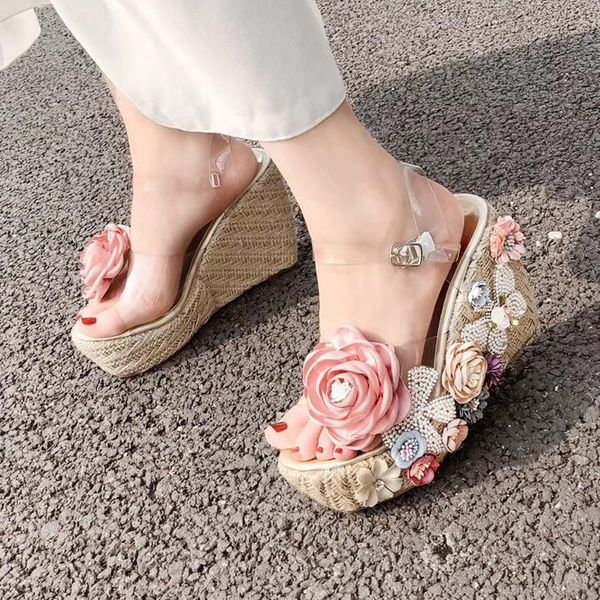 

dress shoes 2021 wedge heel hand-knitted rope bow beaded pearl sandals women, Black