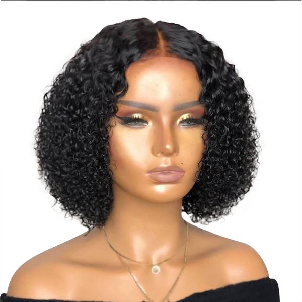 

9a kinky curly short bob wigs for black women 4x4 lace closure pre plucked human hair brazilian virgin wig with baby hair, Black;brown