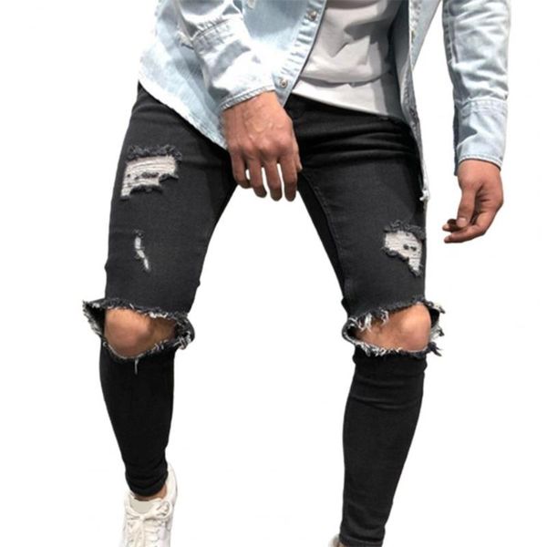 

men's jeans fashion pants streetwear vintage plus size solid color slim ripped trousers casual hip hop for male 2021, Blue
