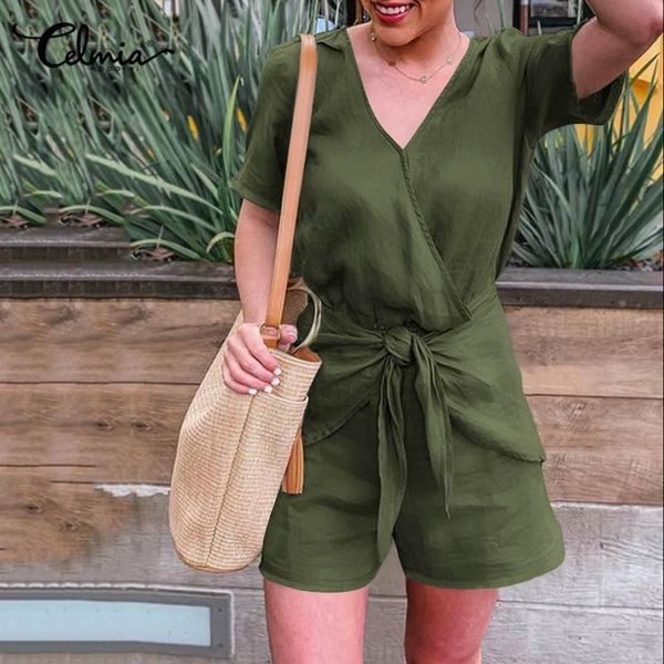 

women's jumpsuits & rompers 5xl celmia summer women vintage shorts 2021 casual bandage v-neck romper short sleeve loose linen wide leg, Black;white