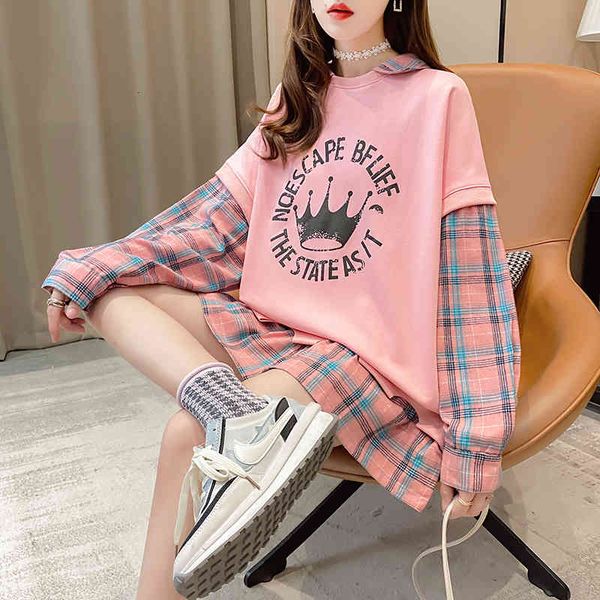 

women's jackets chess fake stripes two pieces, casual female baggy korean fashion sweatshirt 9dqi, Black;brown