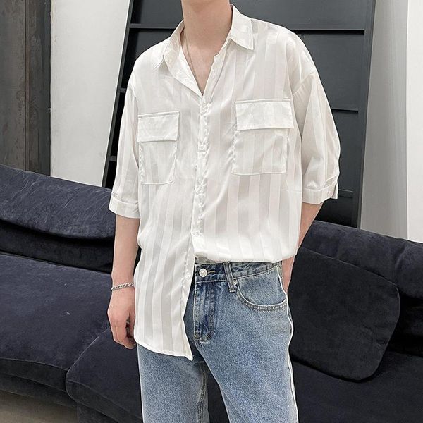 

men's casual shirts hybskr fashion striped jacquard short sleeve shirt american solid color vintage harajuku loose male hip hop, White;black