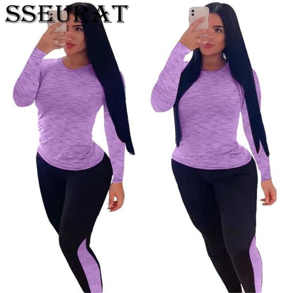 

women's two piece pants sseurat women tracksuit patchwork full sleeve o-neck slim skinny pencil sets outfit autumn, White