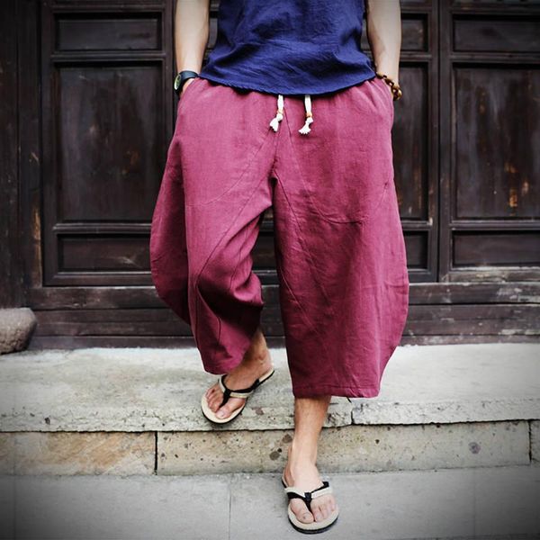 

men's pants men wide crotch harem loose large cropped trousers wide-legged bloomers chinese style flaxen baggy, Black
