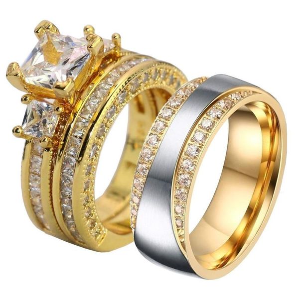 

wedding rings gold color his and hers couple mens stainless steel womens crystal princess cut eternity band ring set, Slivery;golden