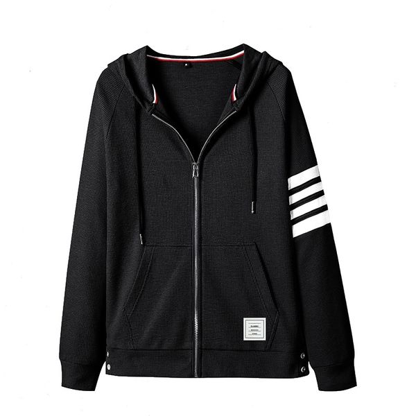 

men's autumn loose fashion brand tb waffle hooded cardigan men's new couple's sweater coat men, Black