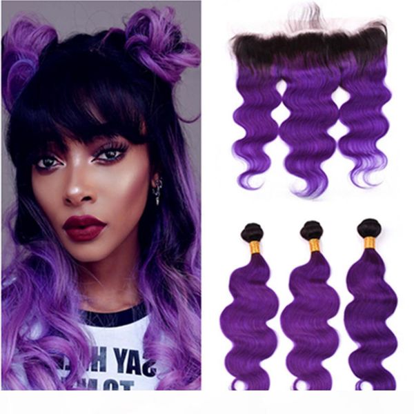 

ombre purple peruvian human hair body wave 3bundles with frontal 4pcs lot #1b purple ombre lace frontal closure 13x4 with weave bundles, Black