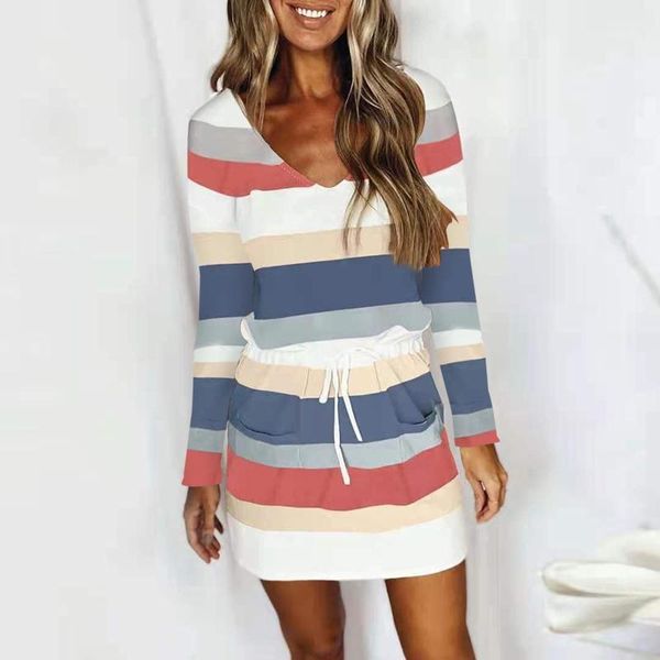 

casual dresses 2021 summer striped print dress women long sleeve v-neck drawstring party waist lacing, Black;gray