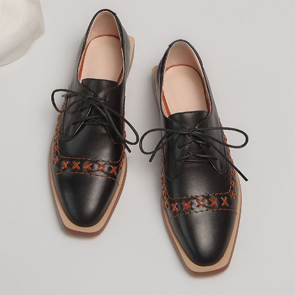 

Womens genuine leather square toe lace-up flats oxfords leisure soft comfortable female OL style dress shoes high quality shoesDress Shoes, Beige