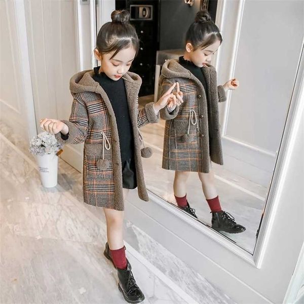 

children woolen coats for girls fashion winter plush thickened hooded clothes costumes kids outwear jackets clothing 211204, Blue;gray