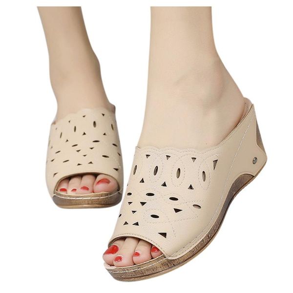 

sagace women shoes large size foreign trade slope with fish mouth slippers pu non-slip hollow out beach shoes, Black